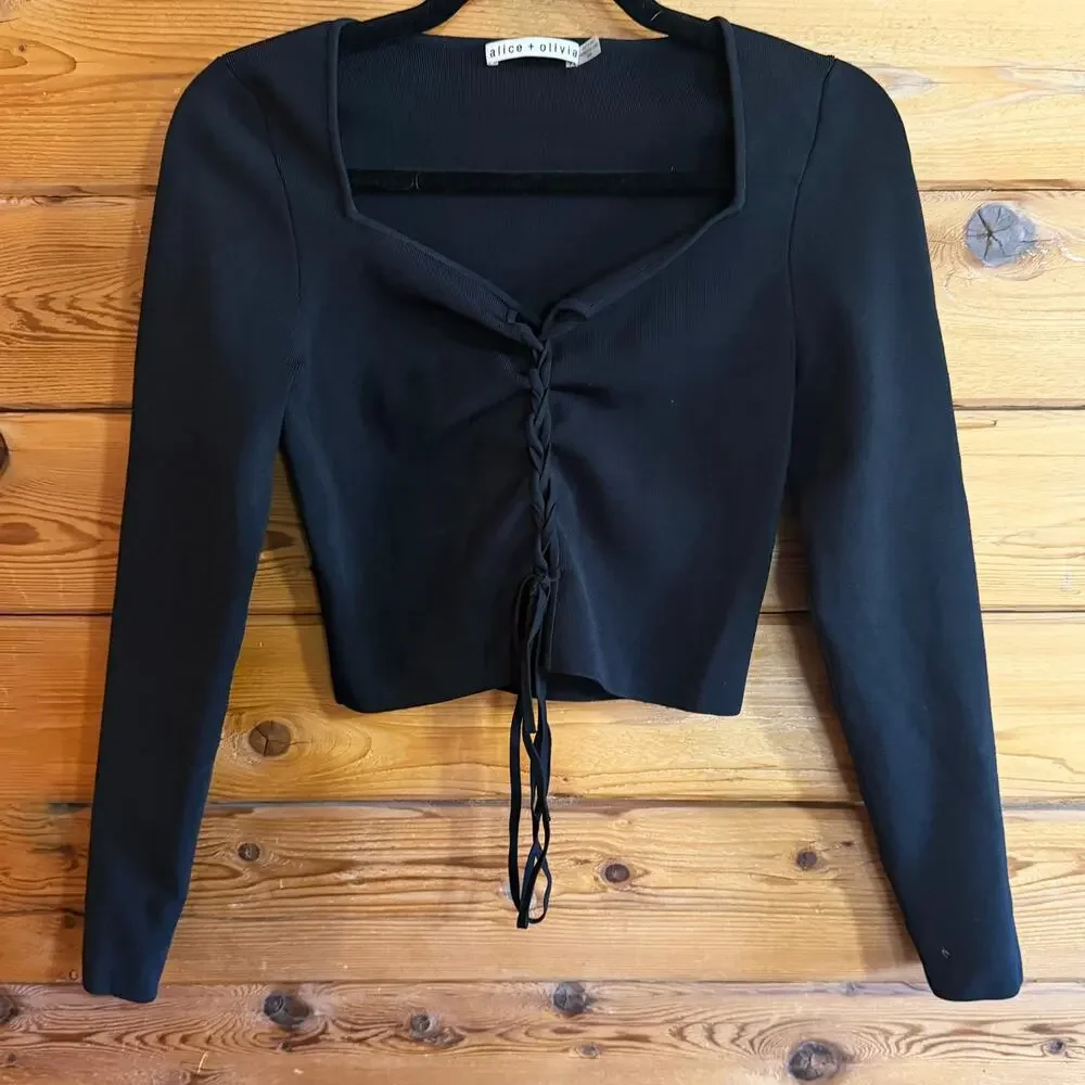 Alice + Olivia Sharee Crop Top Tie Front Black Size Medium